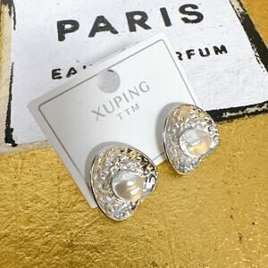 Artisan Hammered Heart Pearl Studs | Silver-Tone Baroque Earrings